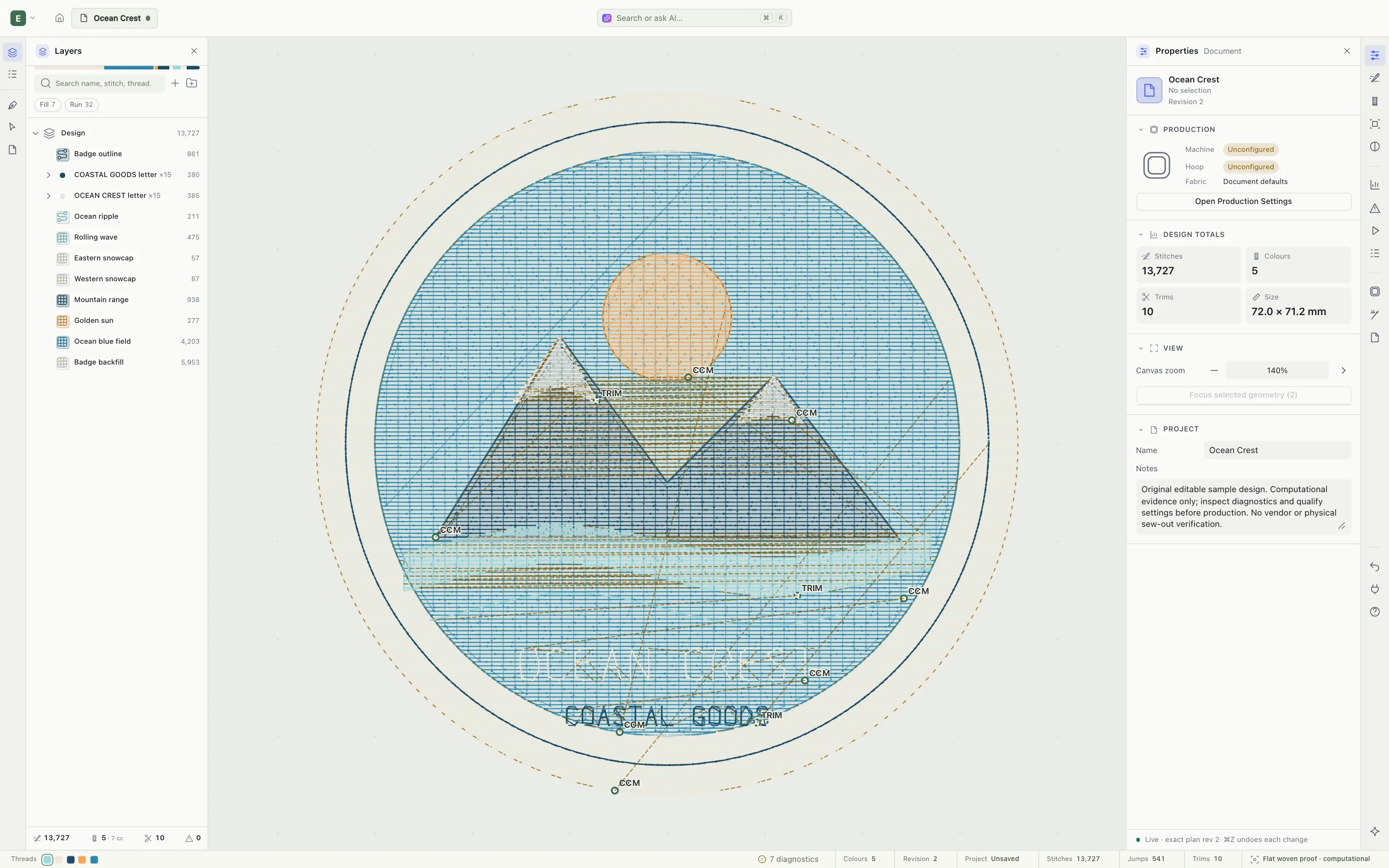 Embrova Studio showing the Ocean Crest sample in the Embroidery view, with Layers on the left and the inspector on the right.